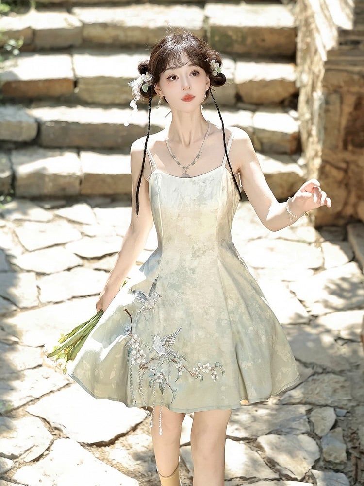 Sheer Top Set with Light Green Sleeveless Dress, Floral and Bird Embroidery, Modern Chinese Style - Han Ru Chu Hanfu &amp; Han-Element Studi