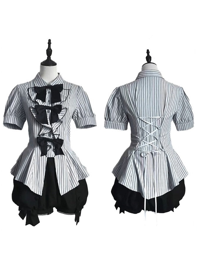 Gray Ouji Lolita Striped Short Sleeve Blouse with Bow Detail - Danger Girl