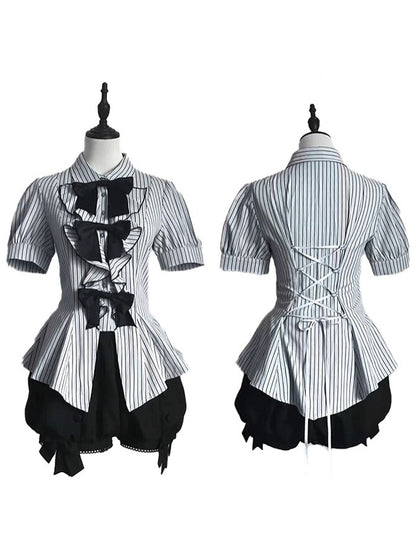 Gray Ouji Lolita Striped Short Sleeve Blouse with Bow Detail - Danger Girl