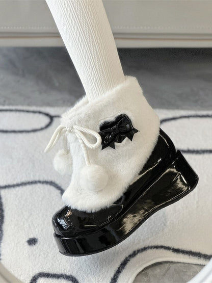 with Bow Pom-Pom Accents Ankle Black Sweet Lolita Boots Round-Toe and