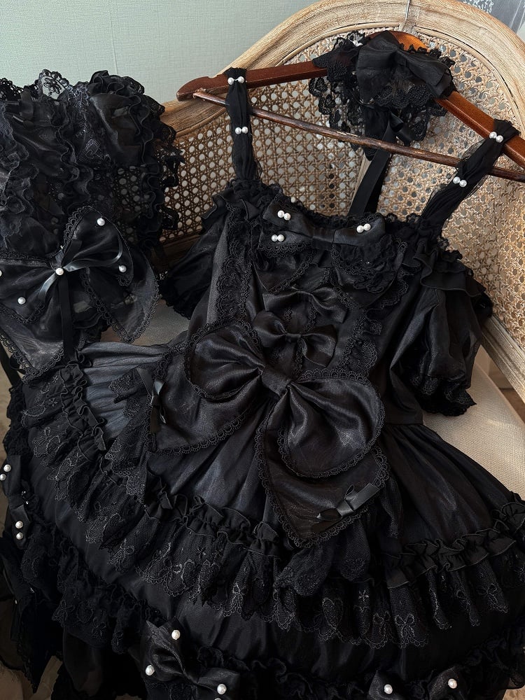 Alle Details mit Schleife Lolita Rückenkleid Perlen groß und Akzente Prinzessin Schwarz