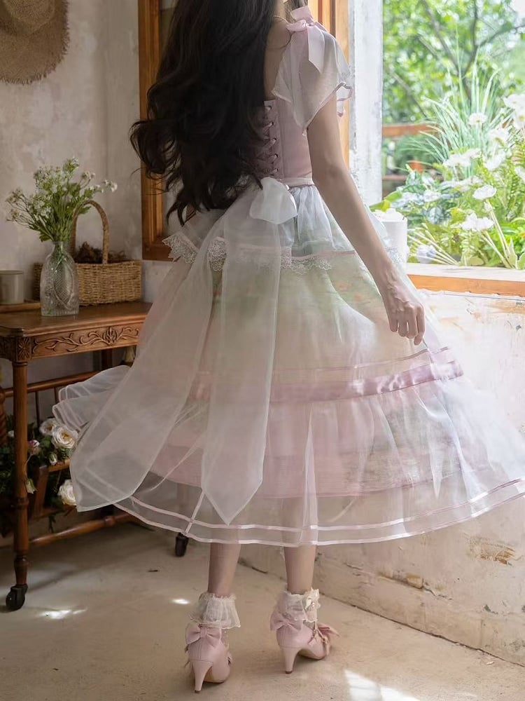 Oil Sleeves One Painting Water Lily Print Light Piece Pink Square Neckline and Flutter