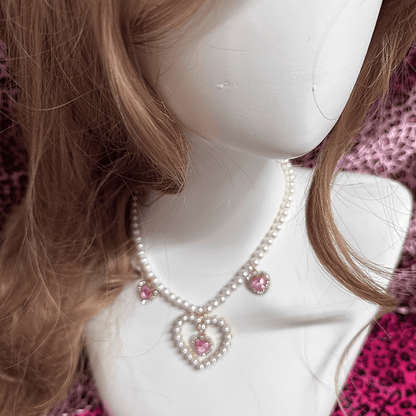 with Rhinestones Gyaru in Bead Crown Rose /White Hime Necklace Pink/Rose Red