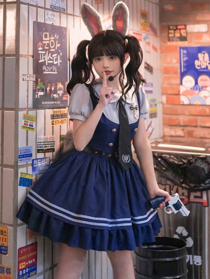 Marineblaues Kleid mit Peter-Pan-Kragen und kurzen Ärmeln, zweiteilig