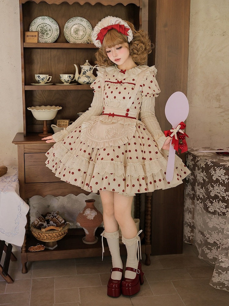 Beige and Red Dotted Puff-Sleeve Lolita OP Set with Apron and Bonnet - With PUJI