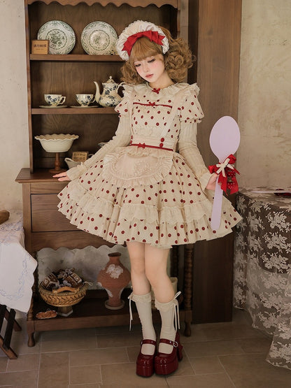 Beige and Red Dotted Puff-Sleeve Lolita OP Set with Apron and Bonnet - With PUJI