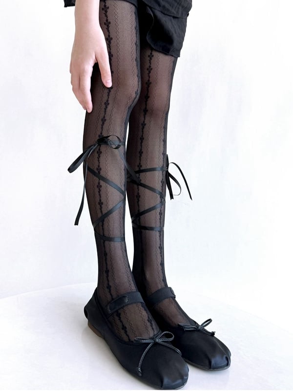 ブラック/ホワイト バレエコア クリスクロス セルフタイ ボウノット タイツ