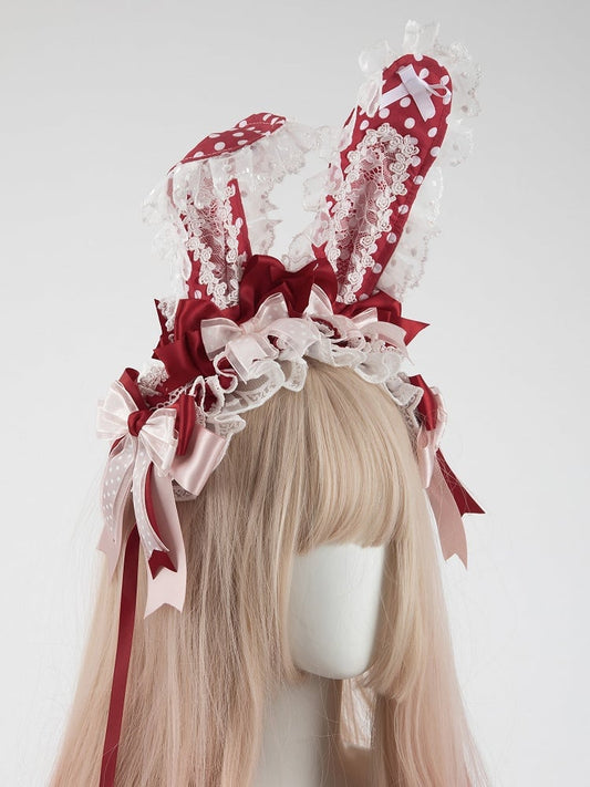 Polka-Dot Ear Red Pastel Bundle Set + Bunny Hairband Removable