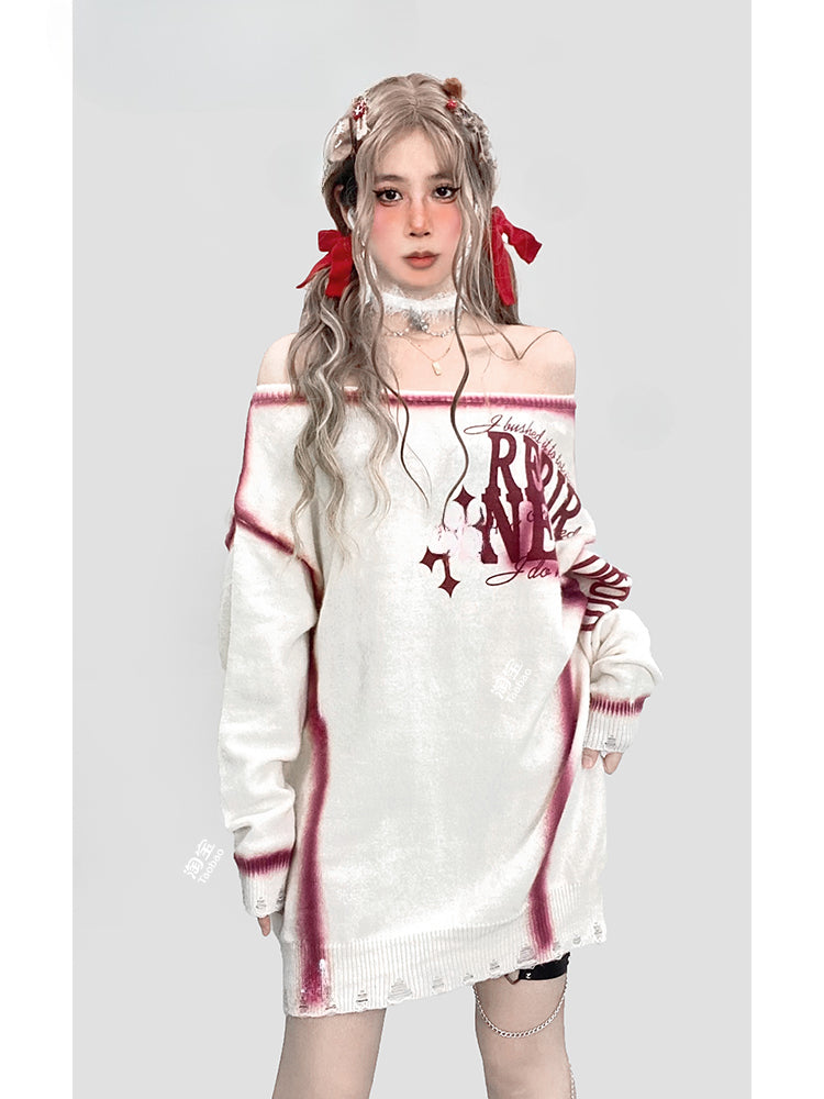 Christmas Letter Off-the-shoulder Neckline White Sweater