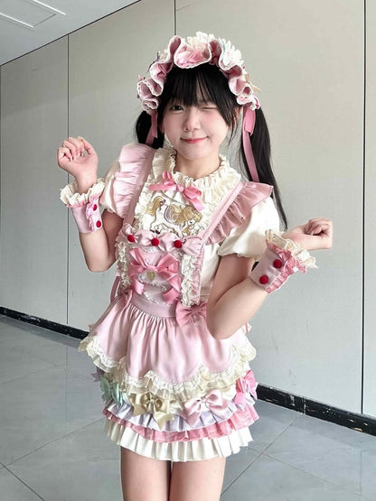 Kawaii Pink 3D Horse Embroidery Short Sleeve Blouse with Bow Layered Ruffle Skirt Set - Sweet Dream Box