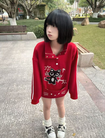 / Fleece-lined Front Adorable Partial Black with Embroidery Cat Sweatshirt Red Snap