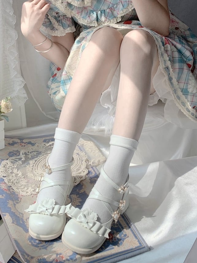 Detachable Lolita Mid-heel with Fastener Sweet White Mary Inspired Bunny Janes Accents Bow