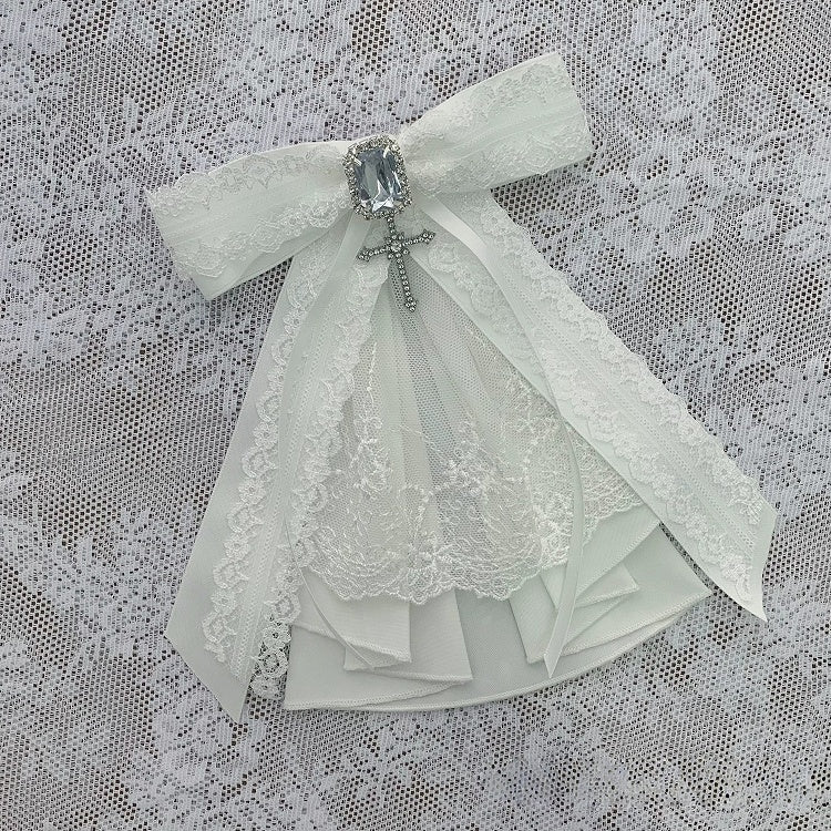 White Landmine Jabot Bow Tie with Rhinestone and Cross Accents - Ekomi