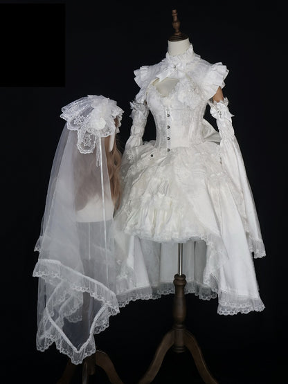 Shiro Gothic Lolita Full Set with Boned Corset Top, Skirt, Collar, Bell Sleeves and Accessories in All White - Somnium Isle