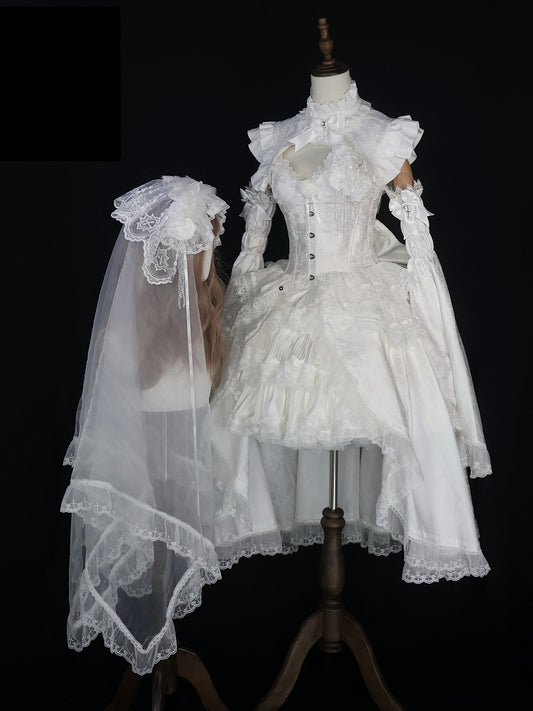 Shiro Gothic Lolita Full Set with Boned Corset Top, Skirt, Collar, Bell Sleeves and Accessories in All White - Somnium Isle