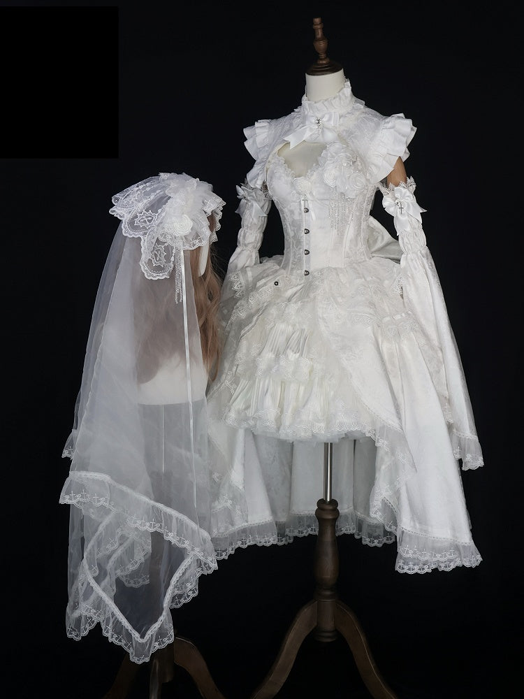 Shiro Gothic Lolita Full Set with Boned Corset Top, Skirt, Collar, Bell Sleeves and Accessories in All White - Somnium Isle