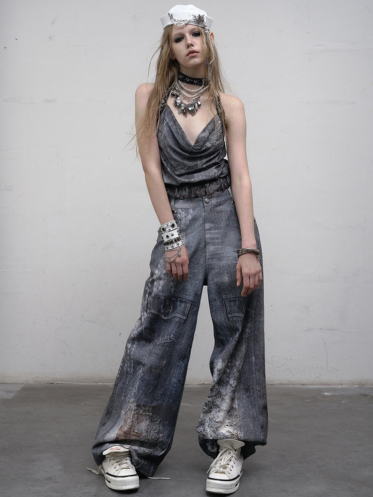 Punk Cowl Glamorous Neck Rüschen Trim Top Ödland Ausschnitt Halter Blau