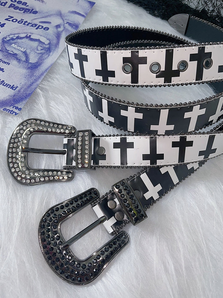 Rhinestone Decorated Beaded And Punk White/Black Print Cross