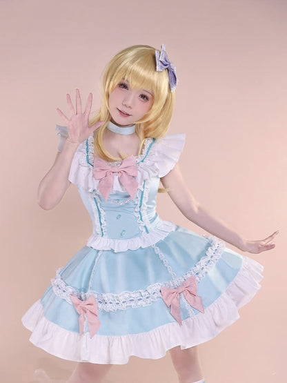 青とピンクの蝶結びトップスカートコスプレ衣装