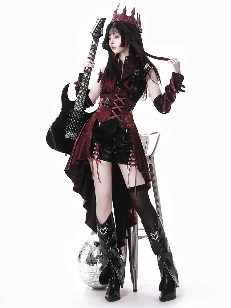 Lolita + Shorts Punk Top Skirt Full High-low Red and Set Black Sleeves Overall Sleeveless - Idol