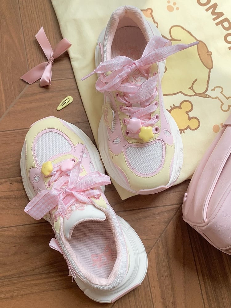 in Platform Pink Lolita Design Bow Plaid Lace-up Star Sweet Details Sneakers Yellow And