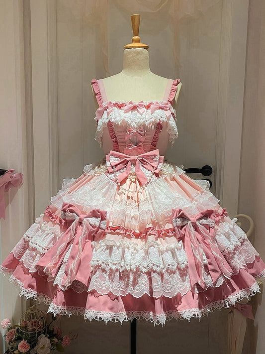 Lolita Detachable Bead Bows Pink Dress and Sweet Skirt Details Tiered