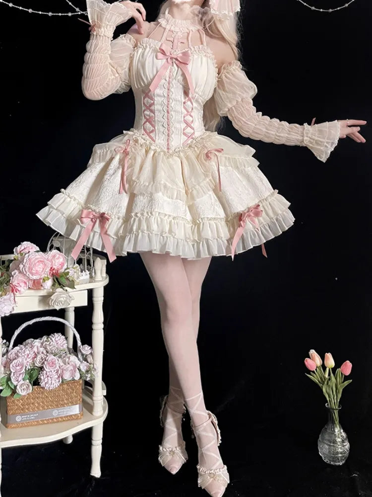 Cross Belle Elfenbein und Rosa Korsettkleid Neckholder Balletcore Lolita JSK