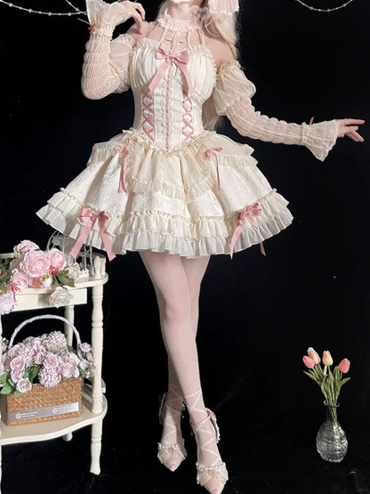Cross Belle Elfenbein und Rosa Korsettkleid Neckholder Balletcore Lolita JSK
