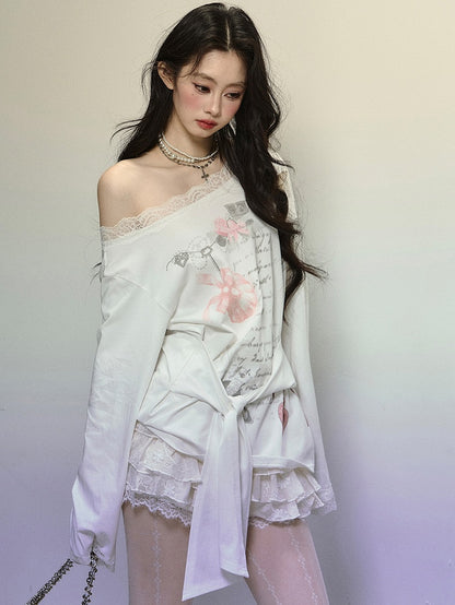 White Asymmetrical Neckline Printed Top with Tie Detail