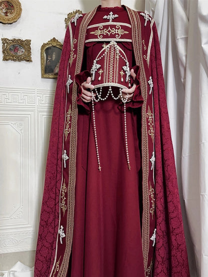 Cross Decorated Details Lolita Cloak and Wine Embroidery Red Nun