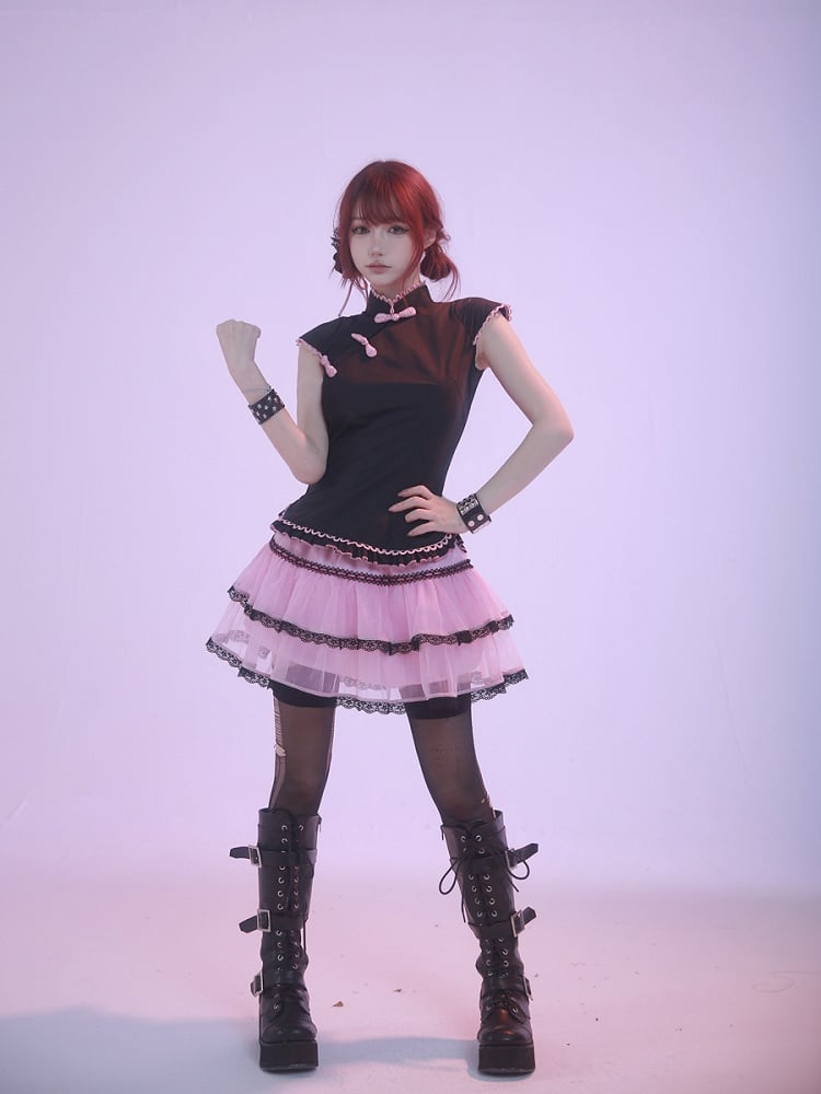 Black Sleeveless Cheongsam Buckle Top