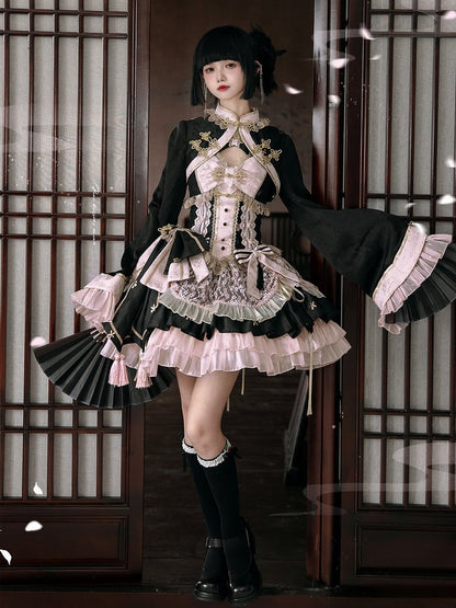 Black and Pink Corset Waist Qi Lolita Dress with Big Bow