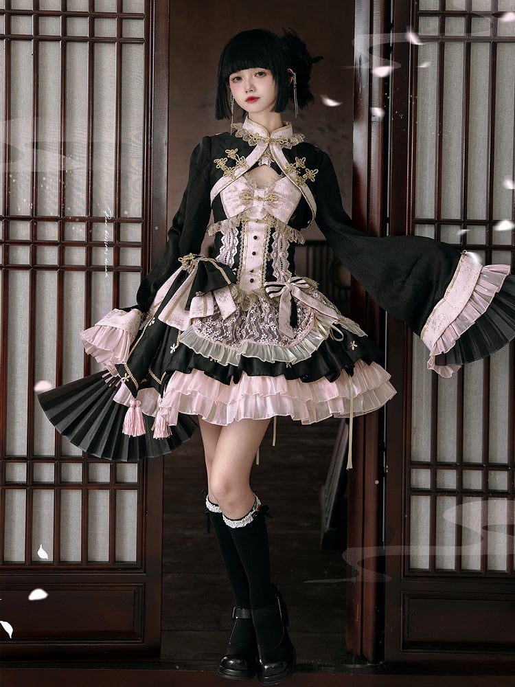 Robe corset style chinoiserie noire et rose Qi Lolita JSK Set