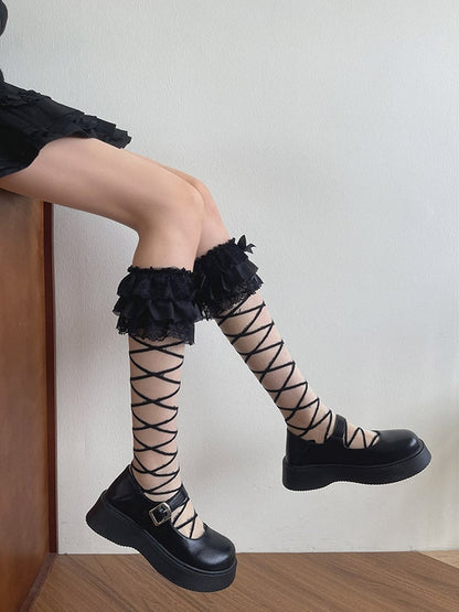 Bowknot Details White/Black Underknee Crisscorss Stockings Banded