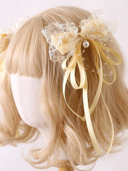 Creamy Lace Bead Lolita Dreamy Yellow Bowknot With Hairclips Charms