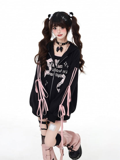Black Lace Embellished Zip Closure Graphic Hoodie