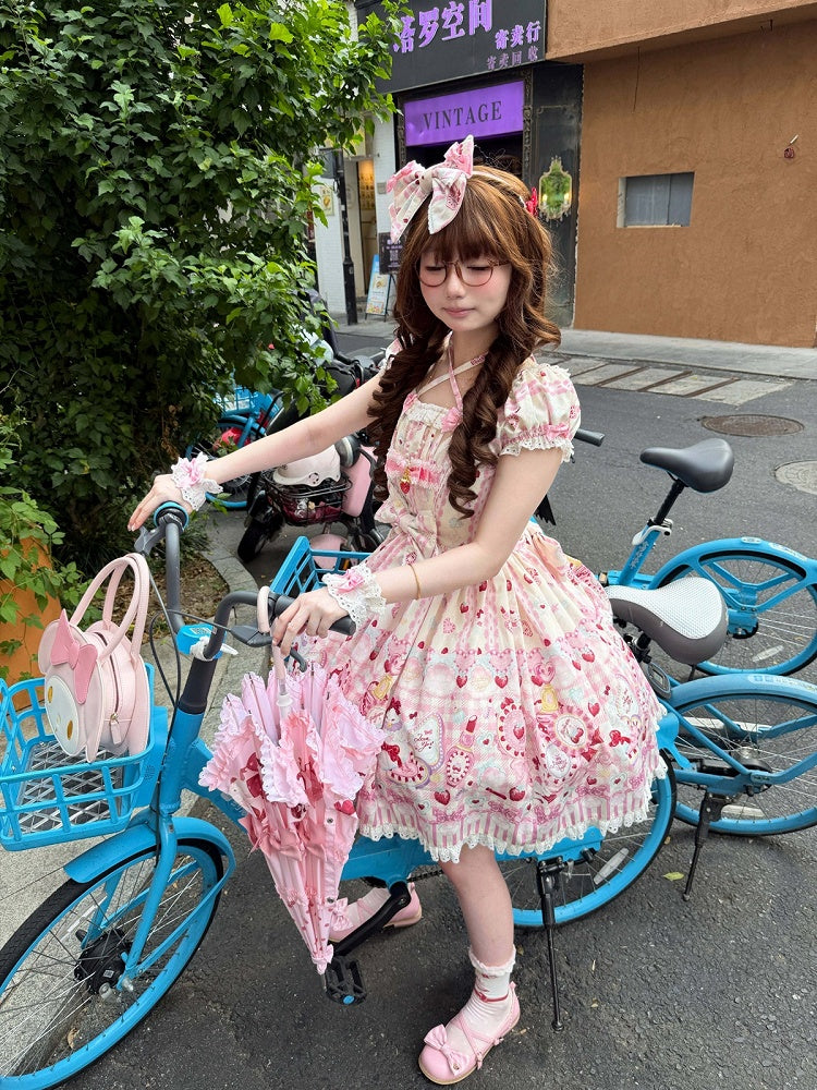 Cat Print Cream Sweet Lolita OP Dress with Removable Crisscross Halter Straps - Pastry Chef