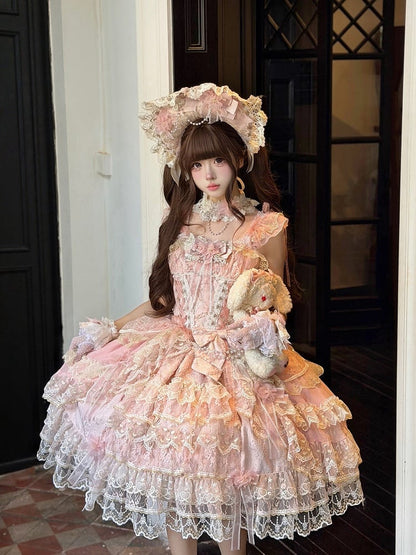 Pink Layered JSK Dress with Floral Bow Accents - Pear Island Sweet Tea