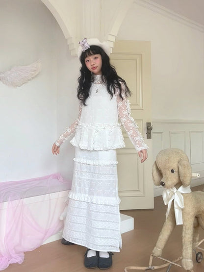 Jacquard Semi-Sheer White Bowknot Long Sleeve Top with Double Edge Ruffle