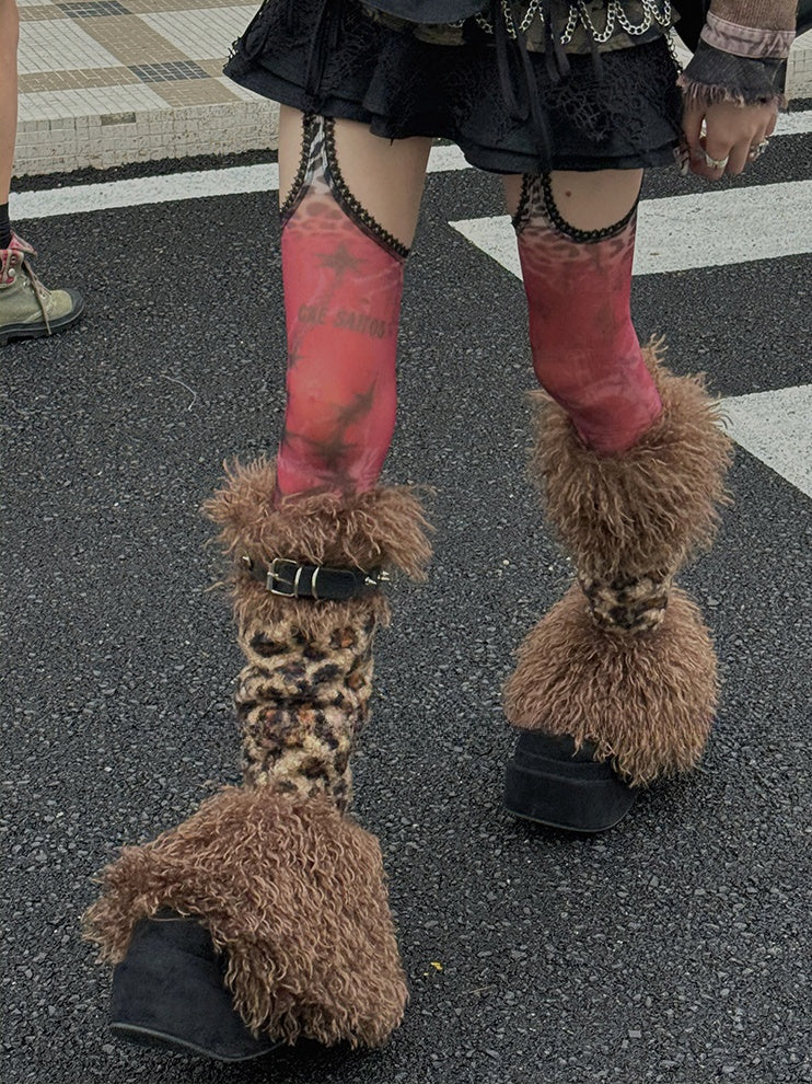 Brown Leopard Stud Buckle Straps Shaggy Leg Warmers