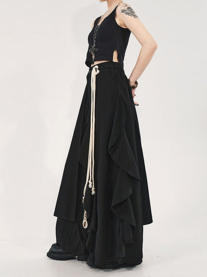 with Asymmetrical Skort Waistband Partial Design Black Elastic High-waisted