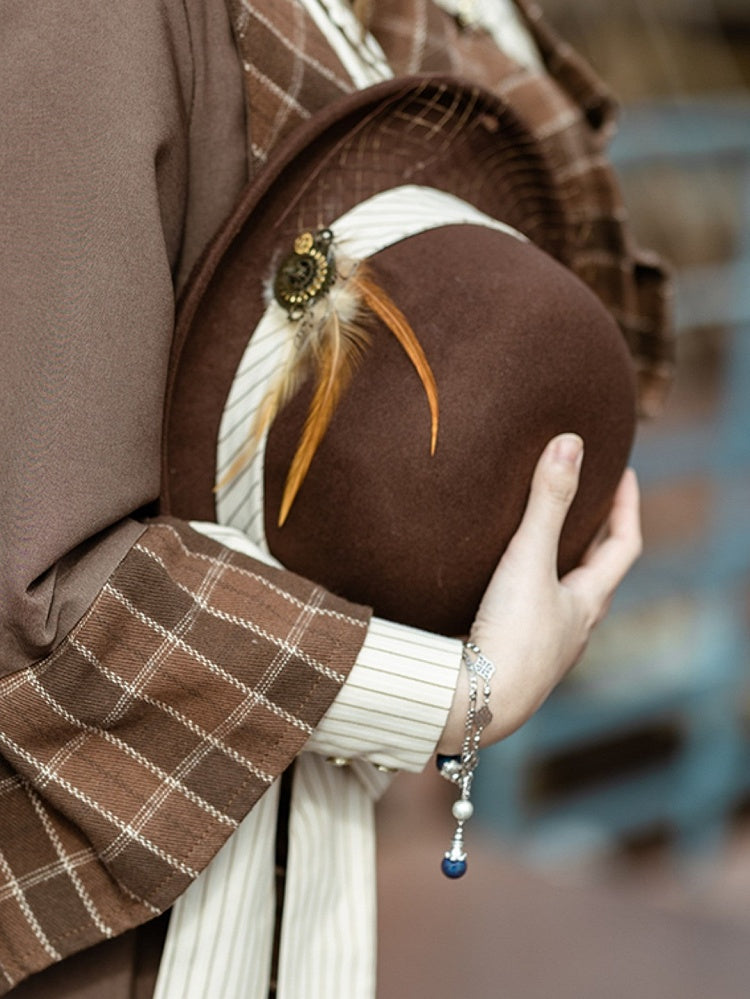 Gear Decorated Brooch Hat Brown Steampunk