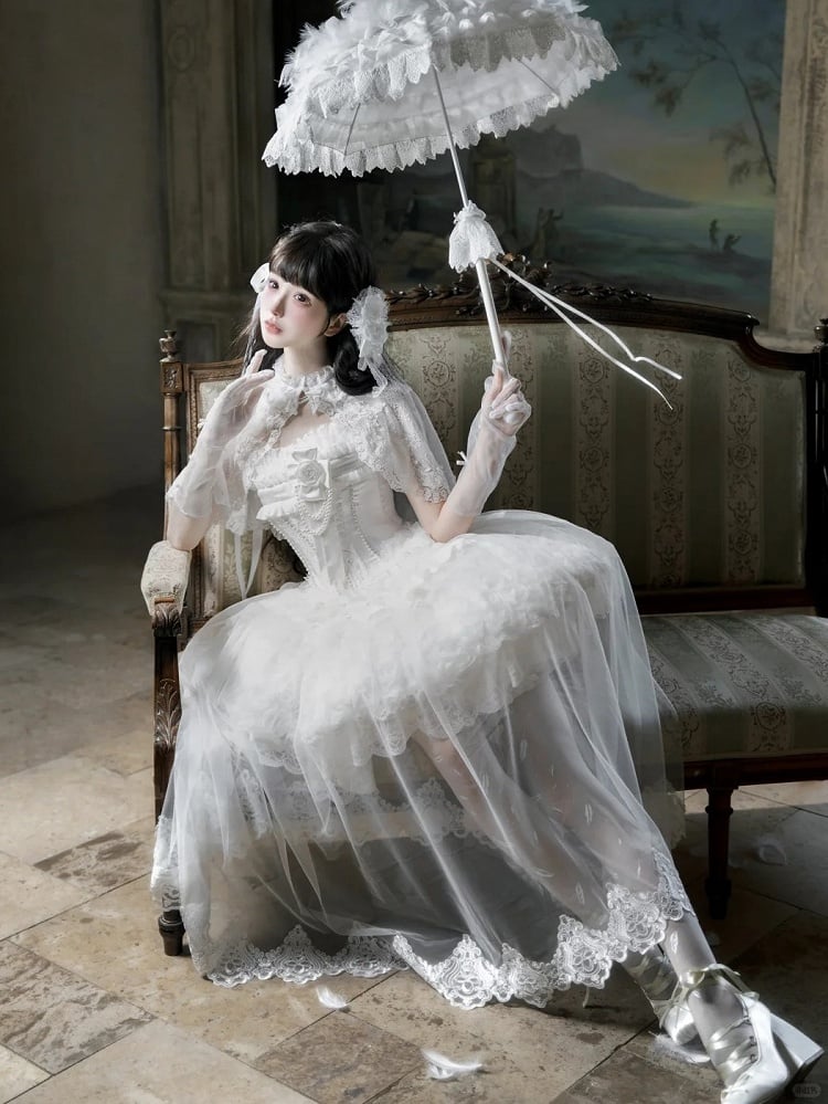 Classic White Snow Hime Lolita Dress Set with Accessories - Airfreeing