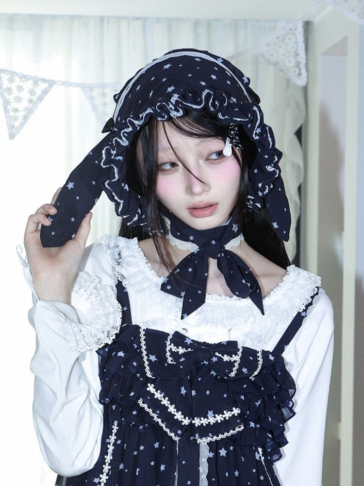 Navy Star Print Trim Bonnet White Blue Chiffon Bunny with Lace Ear