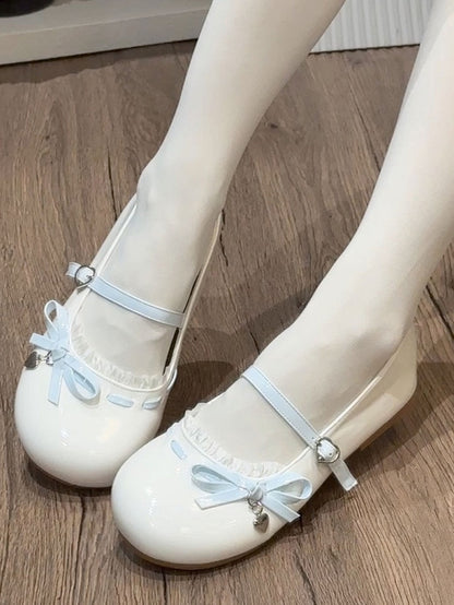 Bow Buckle Lace Sweet Blue Accent Trim Lolita Heart Flats White Design -
