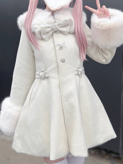 Faux Fur Detachable Coat Waisted Kei Black/Beige Collar with and Cuffs Jirai