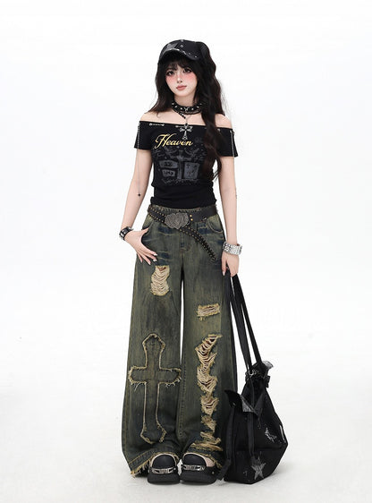 Distressed Vintage Wide-Leg Blue Jeans with Cross Patches - CRAZY GIRL