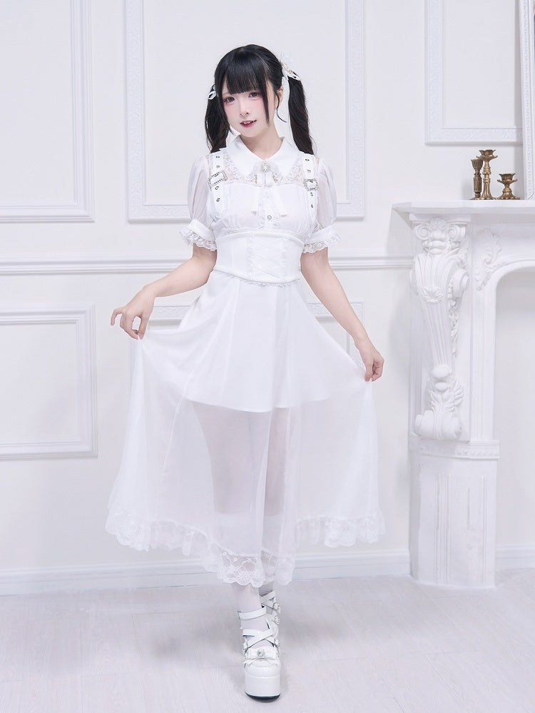 Free Belt Neckline Buckle Jirai Kei White Long Dress Illusion Accents Corset with