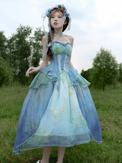 Gestufter Volant-Saum, Neckholder, Korsett-Top mit Stäbchen, Druck, Himmel, Malerei, Fee, Öl, Blau