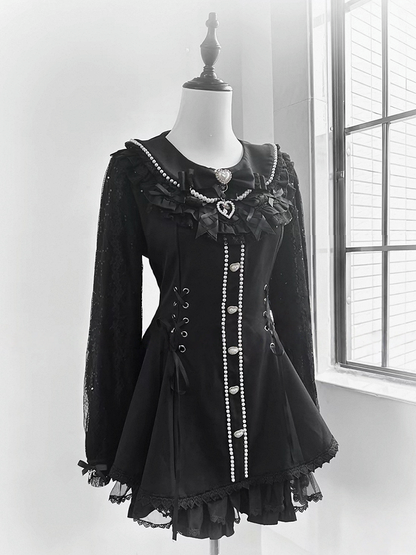Black Jirai-Kei Lace Long Sleeve Dress with Bow & Bead Decorations + Shorts - AOSpace